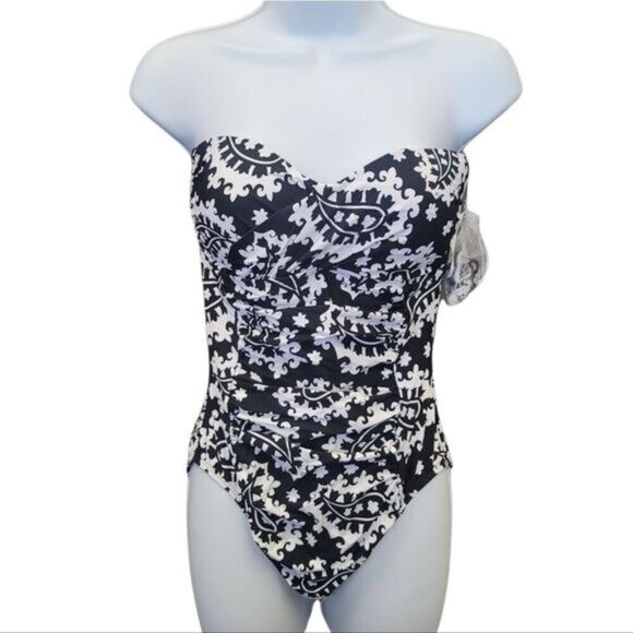 NWOT Anne Cole Paisley Strapless Ruched Onepiece Swimsuit - Picture 1 of 6